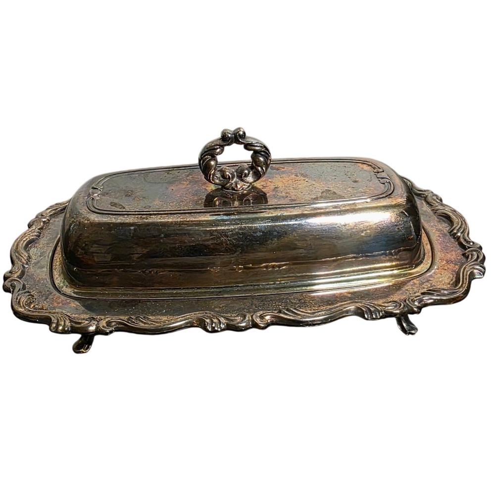 Vintage Butter Dish Wm A Rogers Oneida Ornate Footed Silver Plated‎